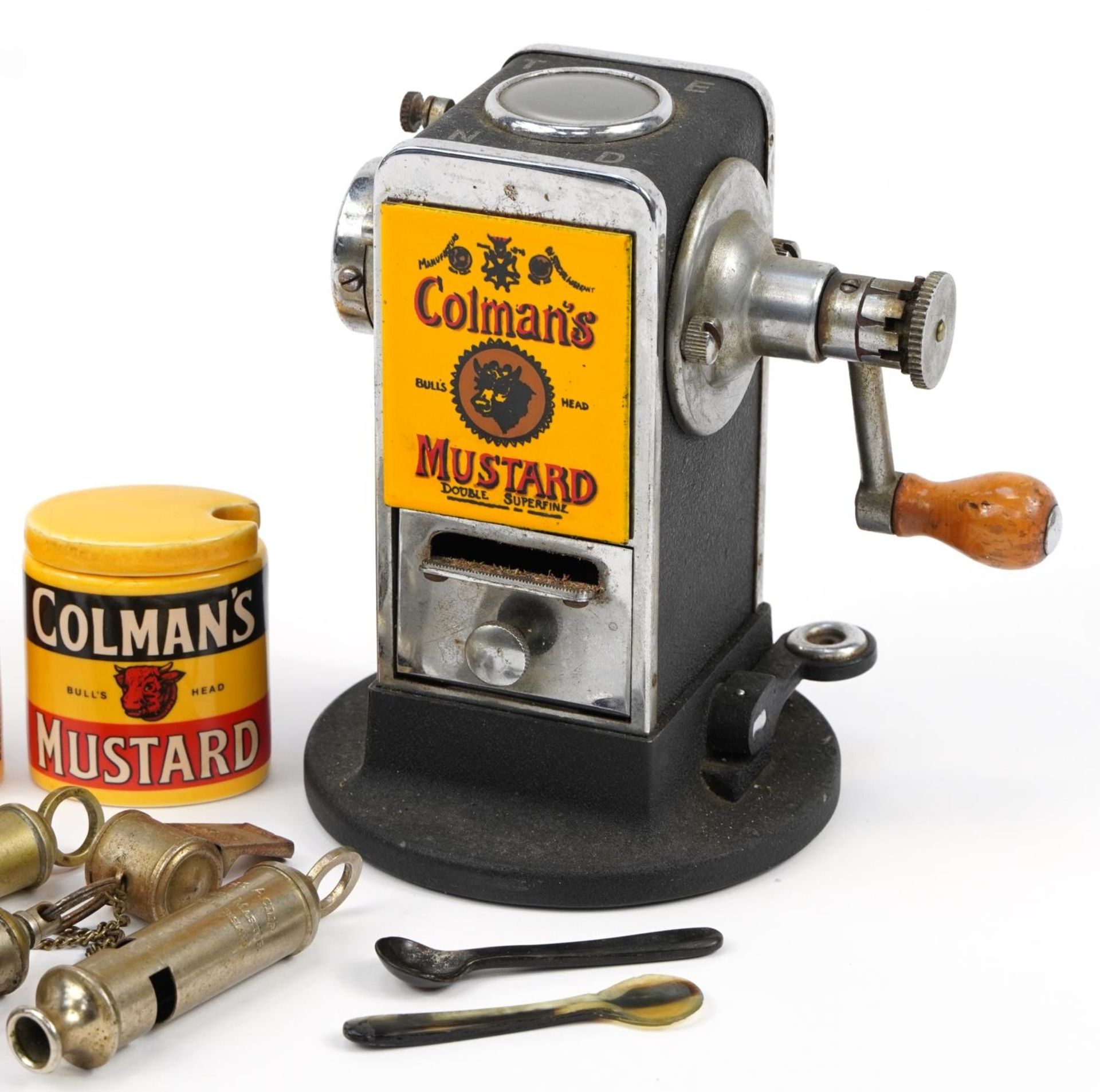 Vintage enamelled Coleman's Mustard pencil sharpener, mustard jars and whistles including The Acme - Image 3 of 4