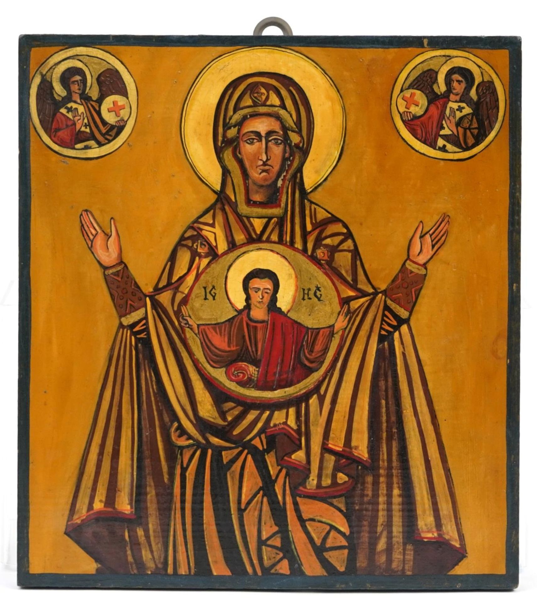 Greek Orthodox wood icon hand painted with a Madonna, 31cm x 28.5cm For further information on