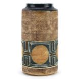 Troika St Ives pottery cylindrical vase hand painted with discs within a stylised geometric band,