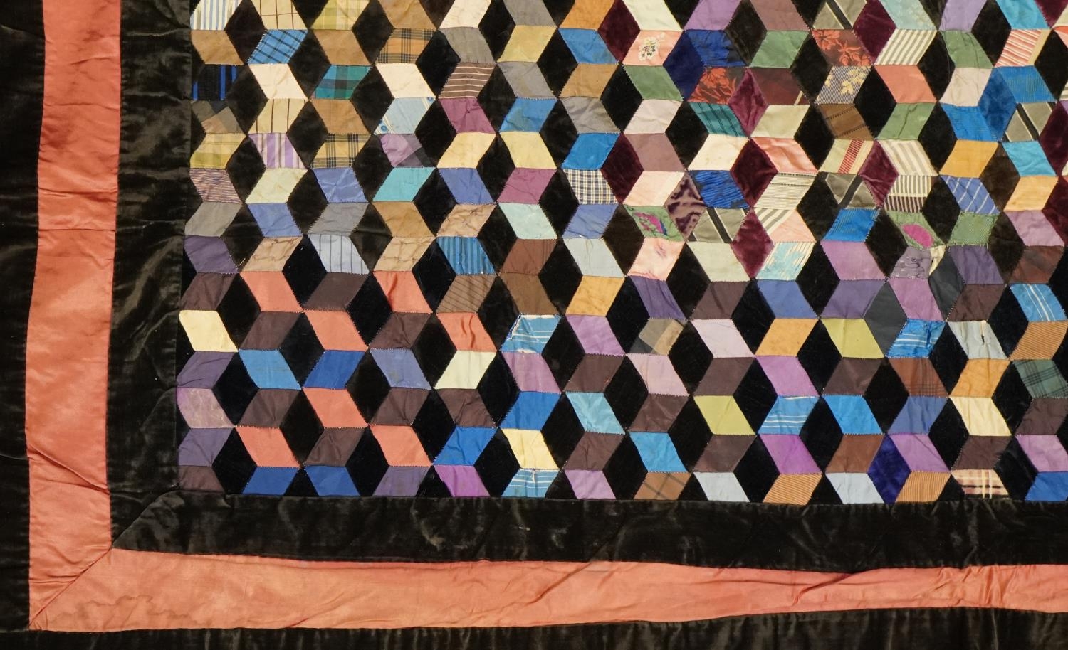 Victorian tumbling block design patchwork quilt, 143cm x 132cm For further information on this lot - Image 2 of 3