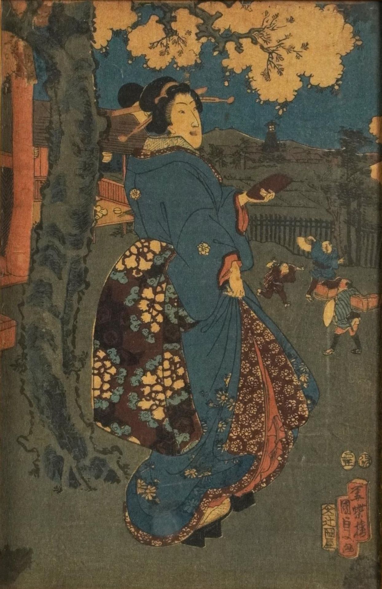 Geishas and children playing, pair of Japanese crepe paper pictures, mounted, framed and glazed, - Image 6 of 9