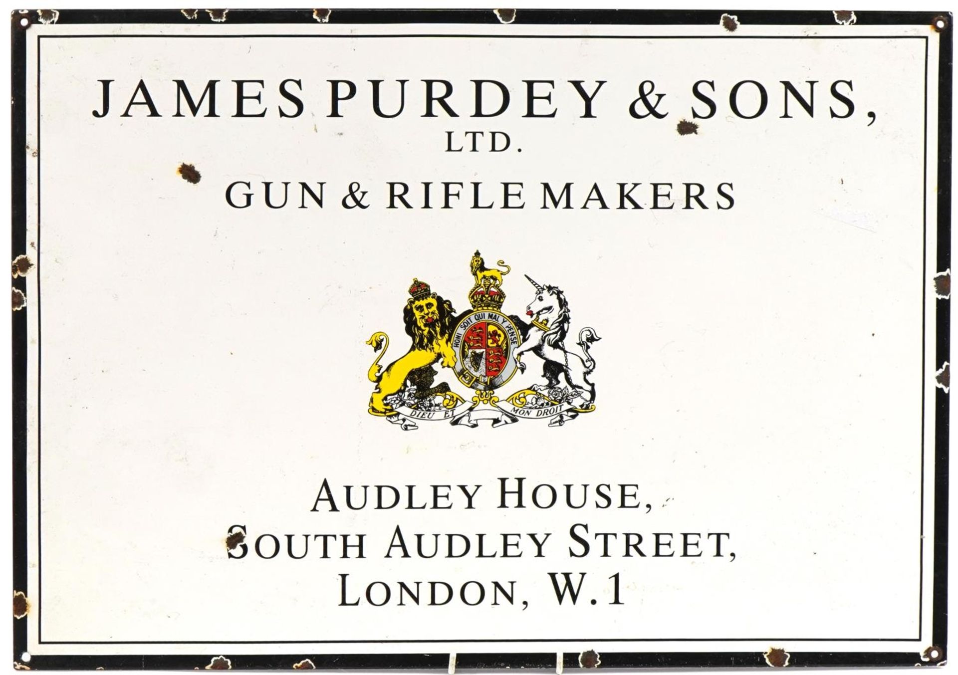 James Purdy & Sons Ltd Gun & Rifle maker's enamel advertising sign, 60cm x 42.5cm For further