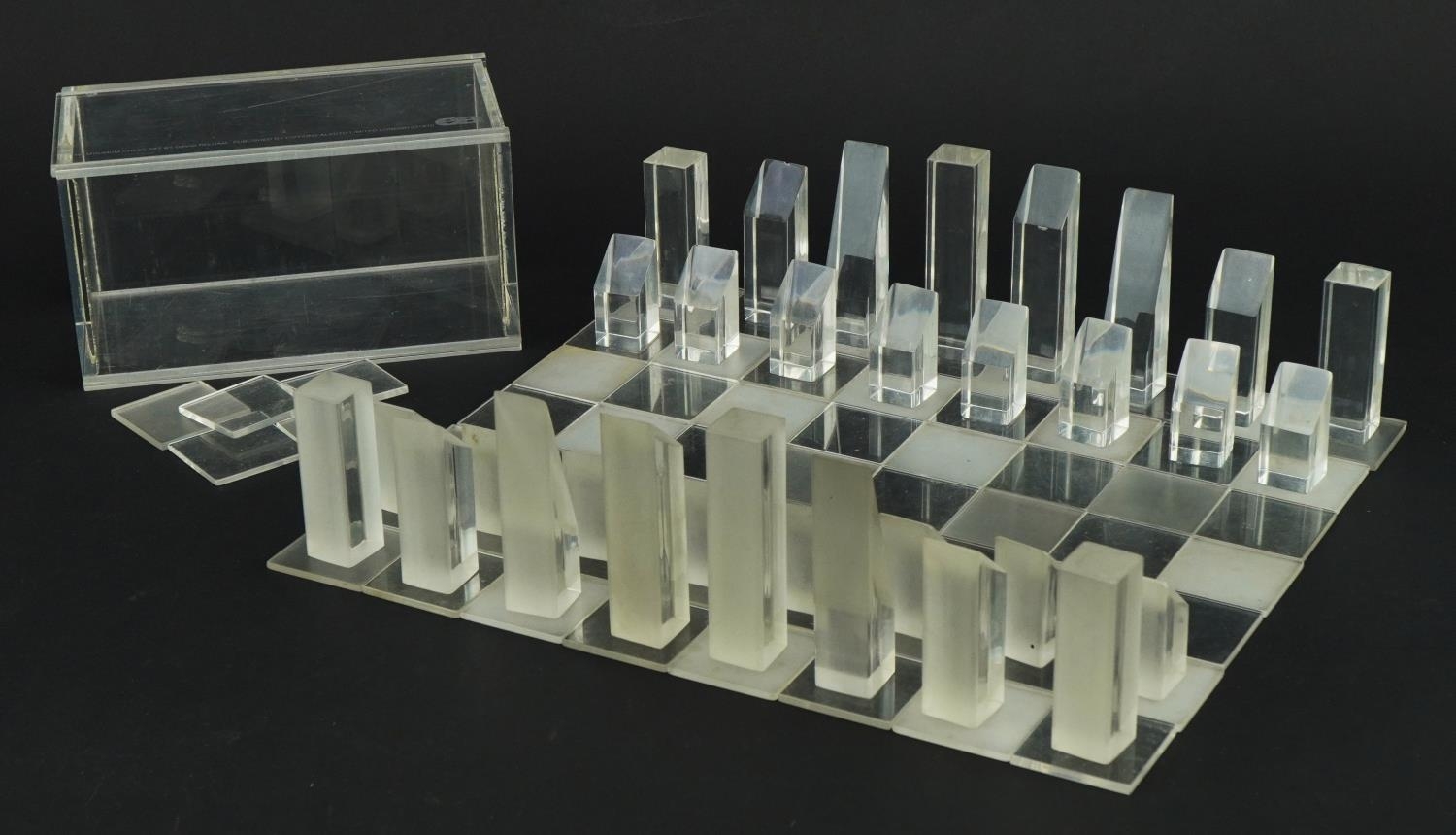 1970's Minimum acrylic chess set with case by David Pelham, published by Additions Alecto 1970,