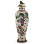 Chinese crackle glaze baluster shaped vase and cover hand painted in the famille verte palette