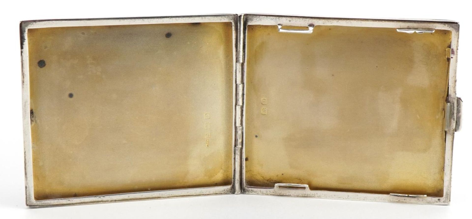 Art Deco rectangular silver cigarette case with engine turned decoration and gilt interior, J H W - Image 3 of 5