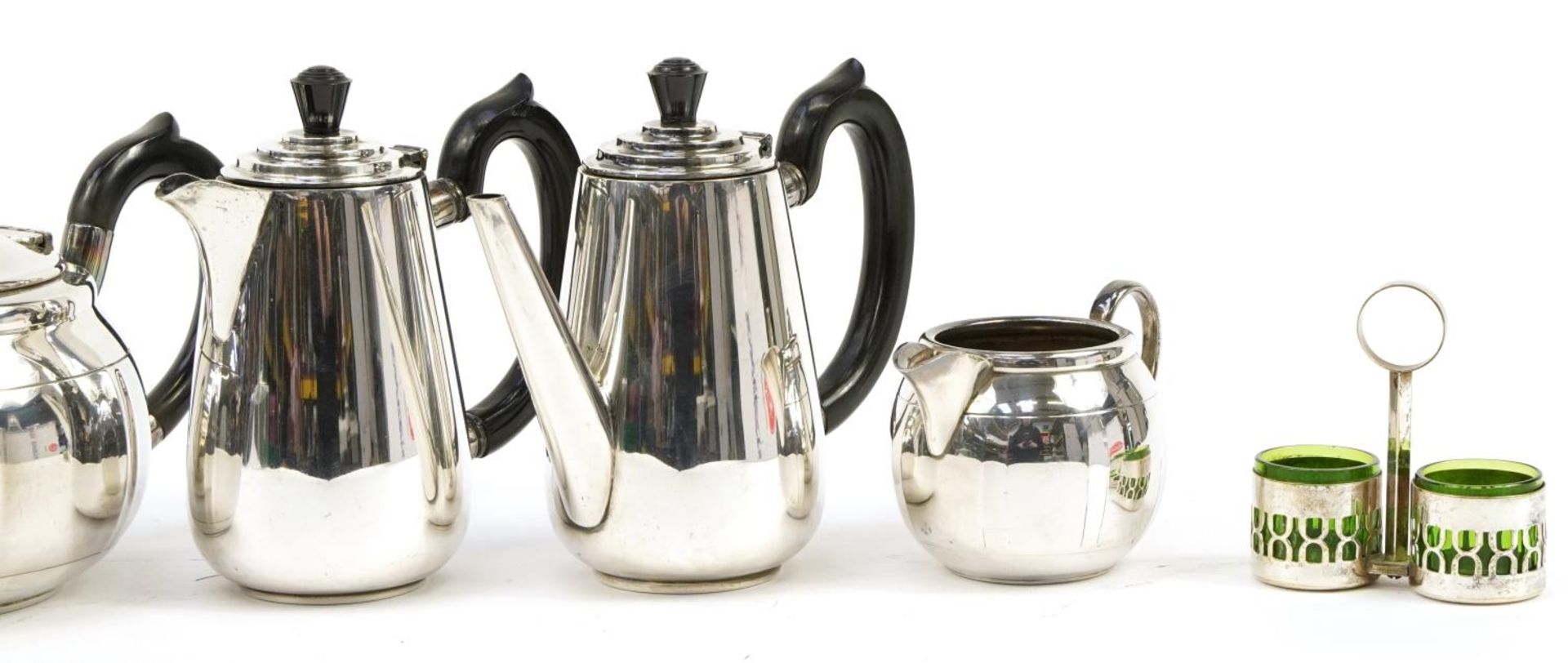 Silver plated items including a Modernist three piece tea set and matching water pot and coffee - Image 8 of 11