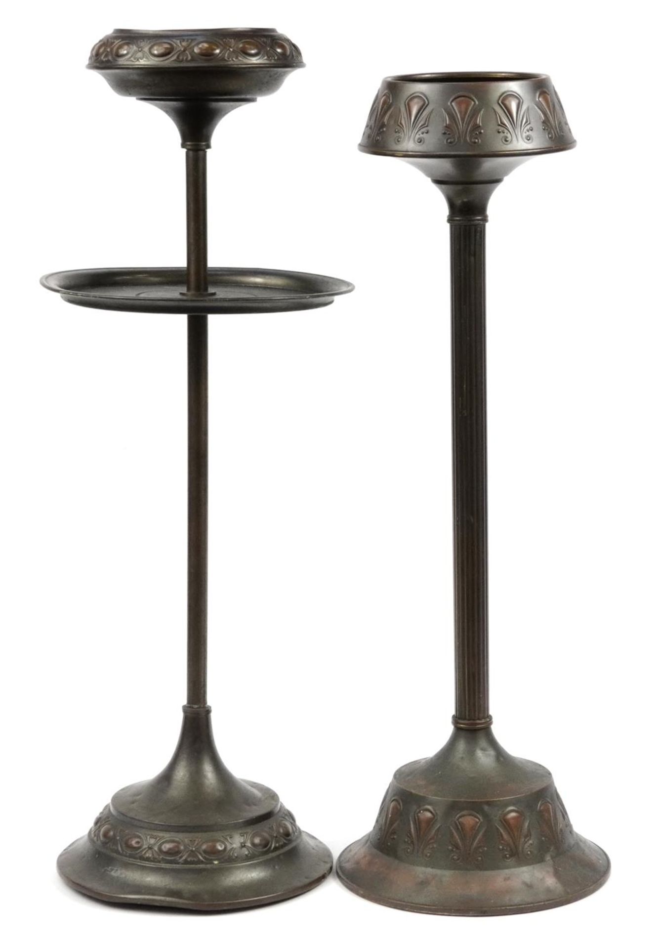 Two Dutch Art Nouveau copper floor standing smoker's stands, impressed marks to the bases, the - Image 2 of 3