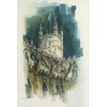 Manner of John Piper - Bath Cathedral, ink and watercolour, inscribed verso Hugh Lane Davies,