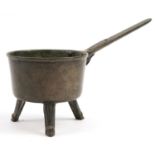 Antique verdigris patinated bronze three footed skillet, 41cm in length For further information on