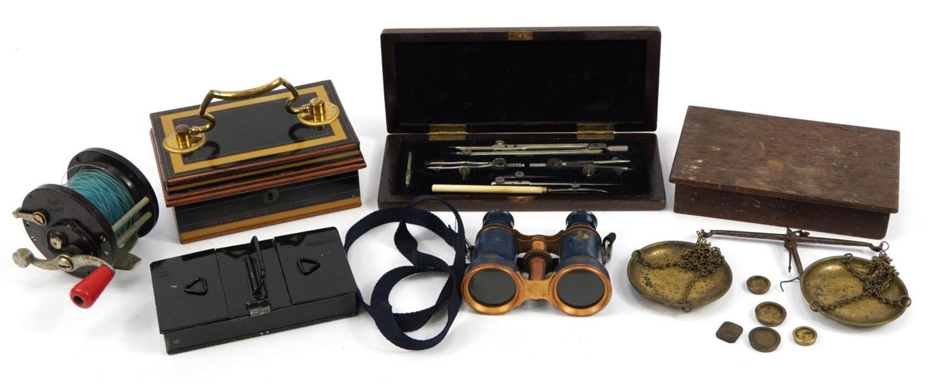 19th century and later sundry items including a Victorian Chubb & Sons cash tin, binoculars, set