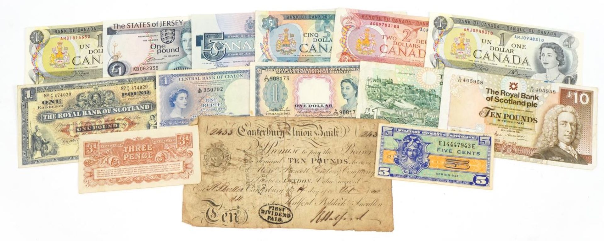 Mid 19th century and later English and Scottish banknotes including Canterbury Union Bank ten pounds