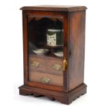 Art Nouveau oak smoker's cabinet with hand gilded porcelain tobacco jar and dishes, 44cm H x 26.