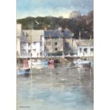 Michael Hill - Village harbour scene with moored fishing boats, watercolour, 34cm x 24.5cm excluding