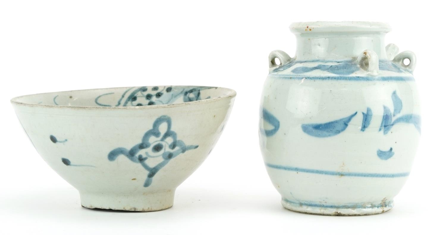 Chinese provincial blue and white porcelain spouted vessel and a similar bowl hand painted with a - Image 2 of 3