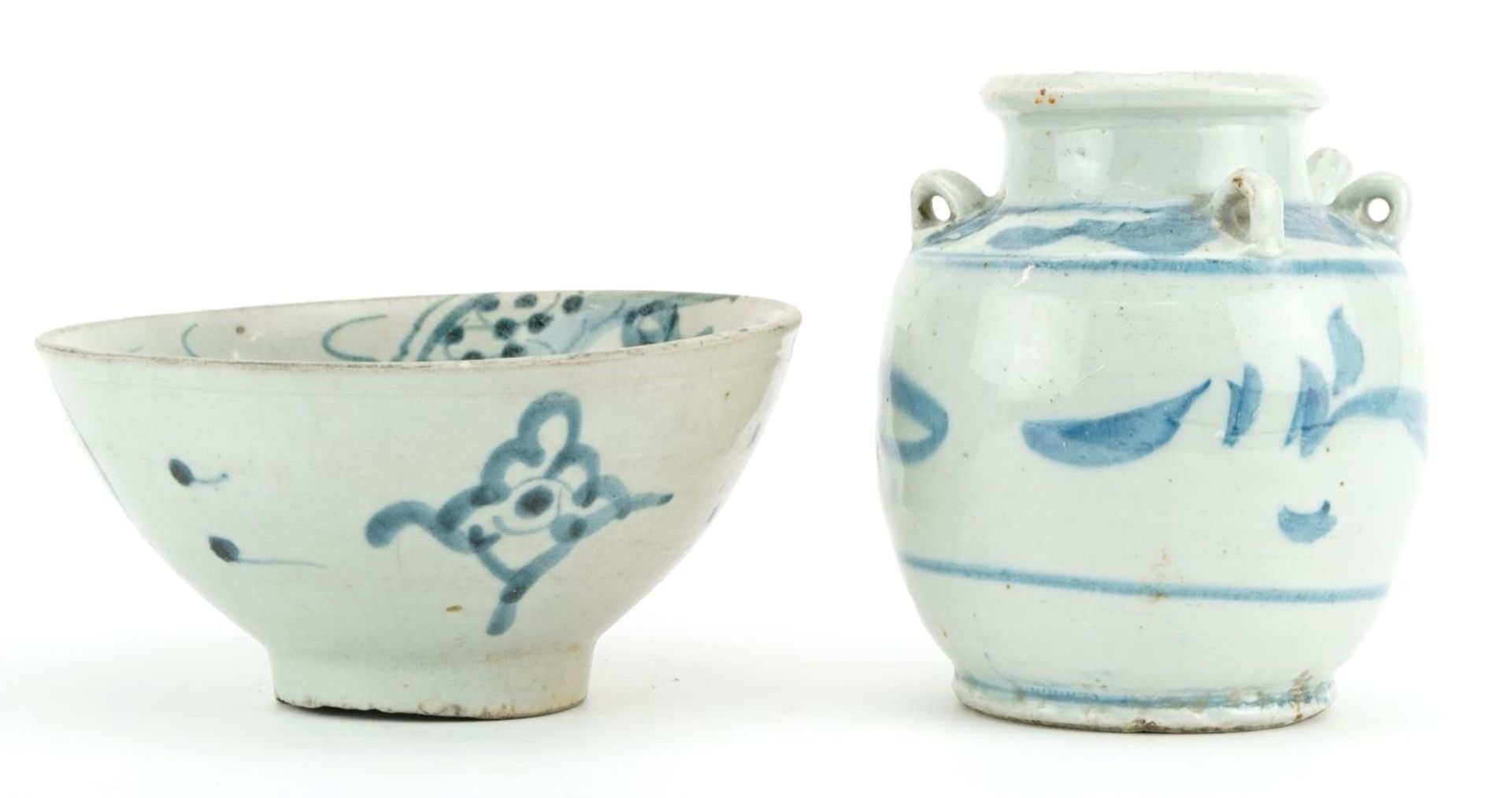 Chinese provincial blue and white porcelain spouted vessel and a similar bowl hand painted with a - Image 2 of 3