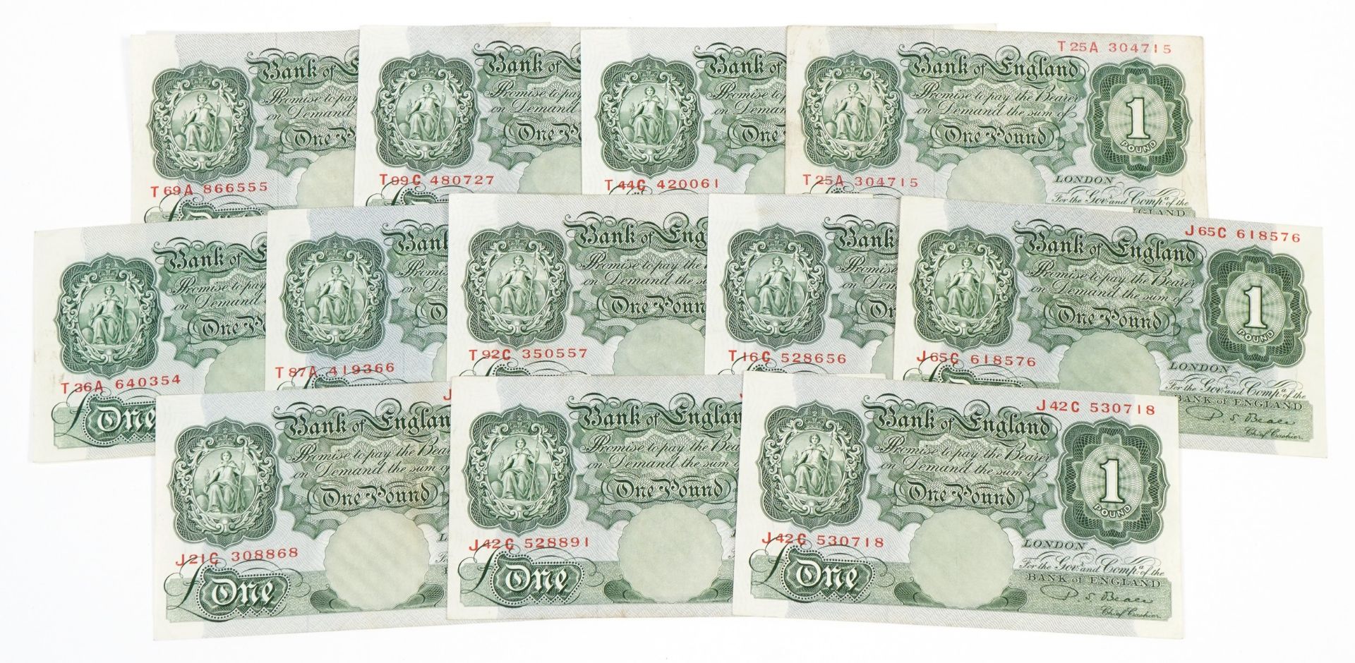 Twelve Bank of England one pound notes comprising P S Beale and K O Peppiatt Chief Cashiers, various