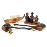 Musical woodenware including two Irish musical shillelaghs carved with harps, Sorento ware style