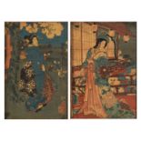 Geishas and children playing, pair of Japanese crepe paper pictures, mounted, framed and glazed,