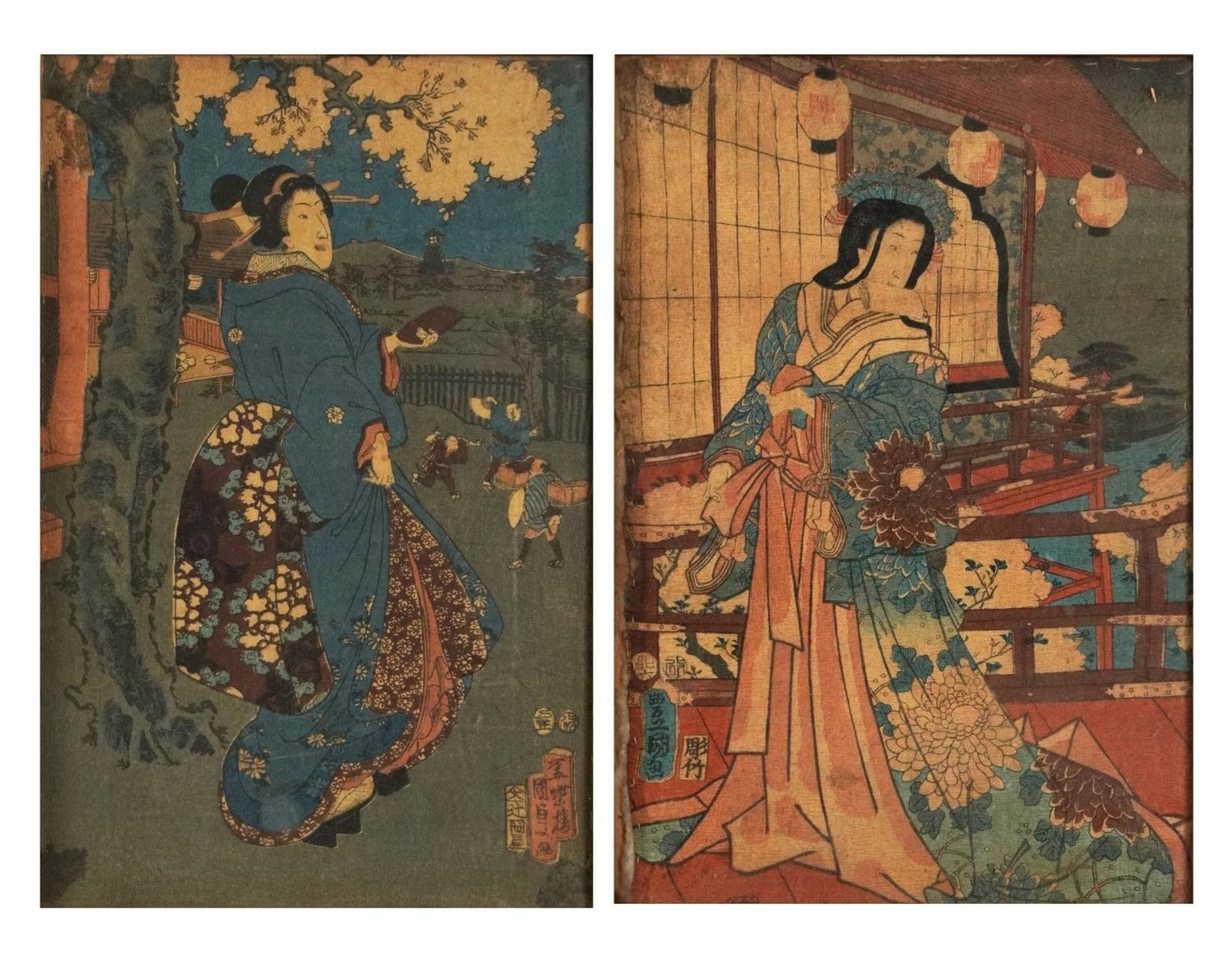 Geishas and children playing, pair of Japanese crepe paper pictures, mounted, framed and glazed,
