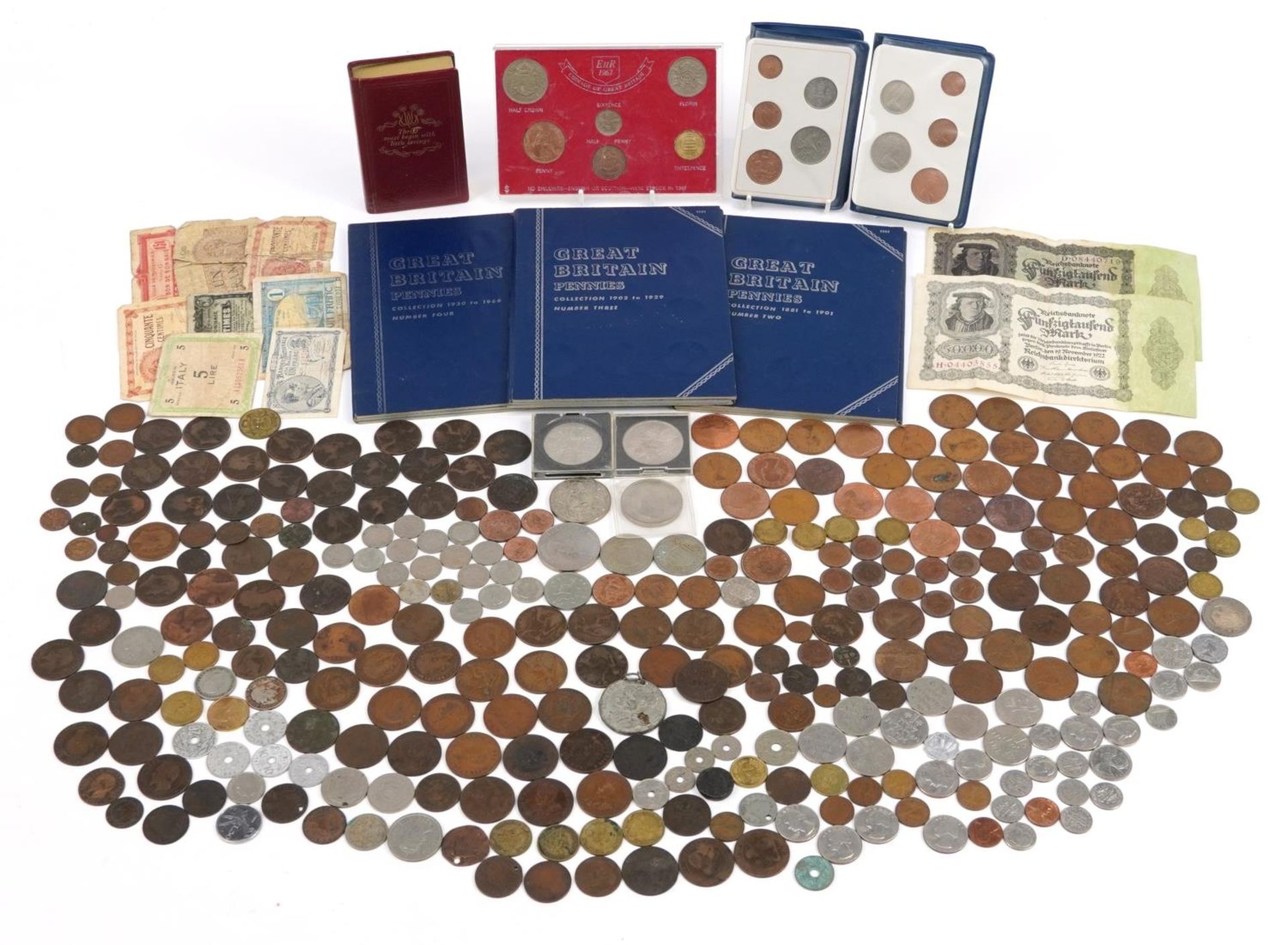 Antique and later British and world coinage and banknotes including three collection albums,