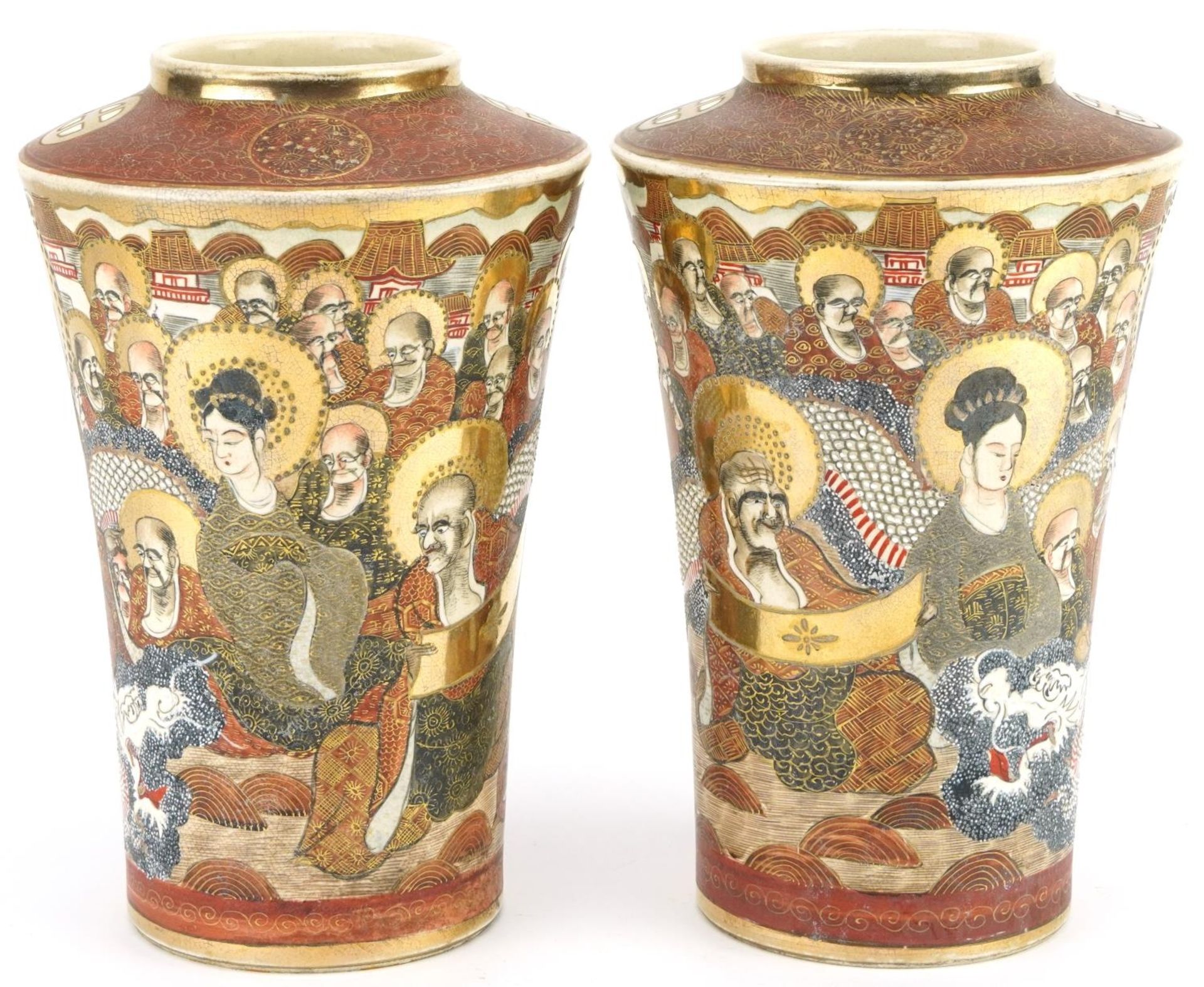 Pair of Japanese Satsuma pottery vases hand painted with a thousand faces, character marks to the - Image 2 of 4
