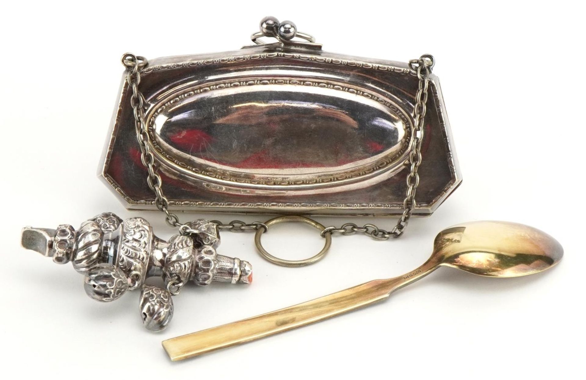 Objects comprising a Norwegian silver gilt and enamel spoon, Victorian silver babies rattle and a - Bild 2 aus 4