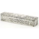 Dutch silver pen box with hinged lid, profusely embossed with figures at a gathering, Chester import