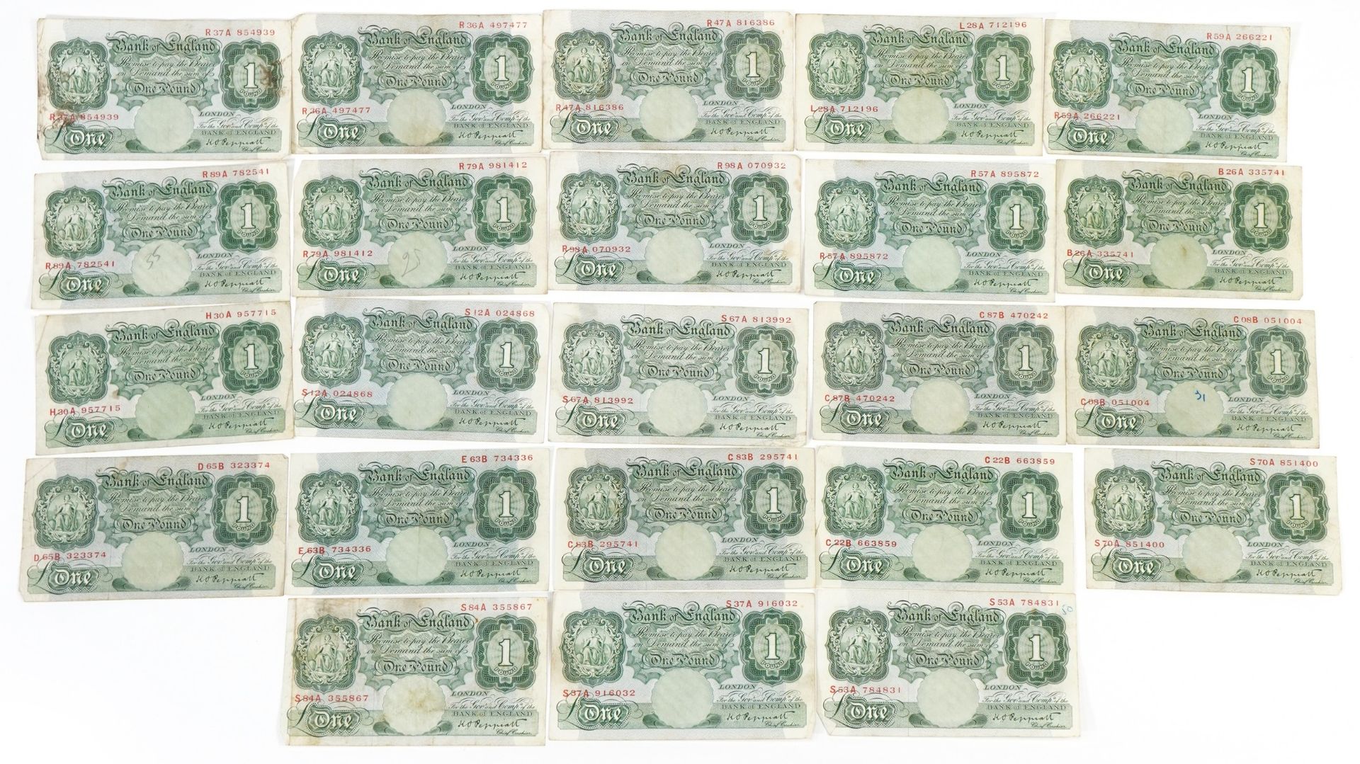 Twenty three Bank of England one pound notes, each Chief Cashier K O Peppiatt, various serial - Image 2 of 5