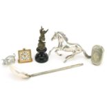 Sundry items including silver plated rearing horse, vesta and spoon with mother of pearl bowl, the