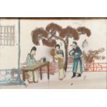 Chinese mirrored panel decorated with two figures attending a scholar, framed, 59cm x 38.5cm