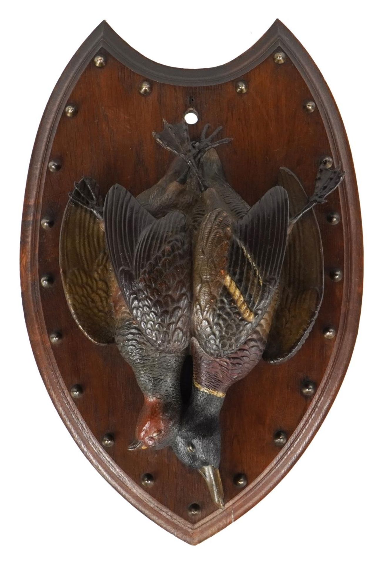 Hunting interest oak and cold painted trophy wall plaque, 40cm high For further information on