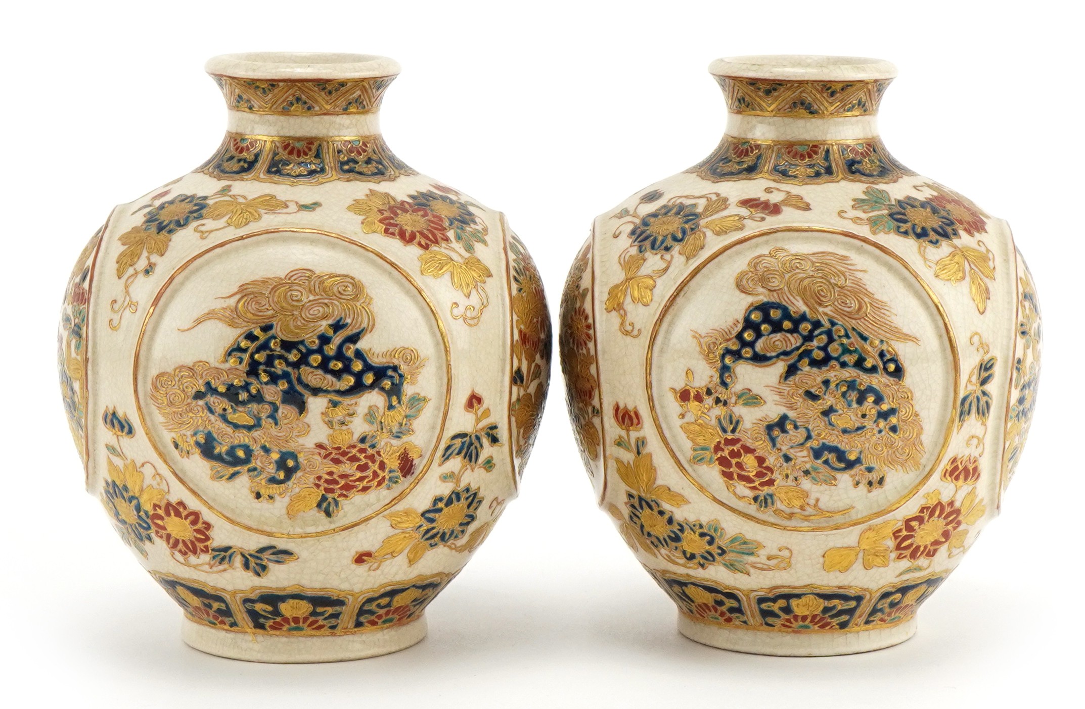 Pair of Japanese Satsuma pottery vases finely gilded with panels of dragons and flowers, character