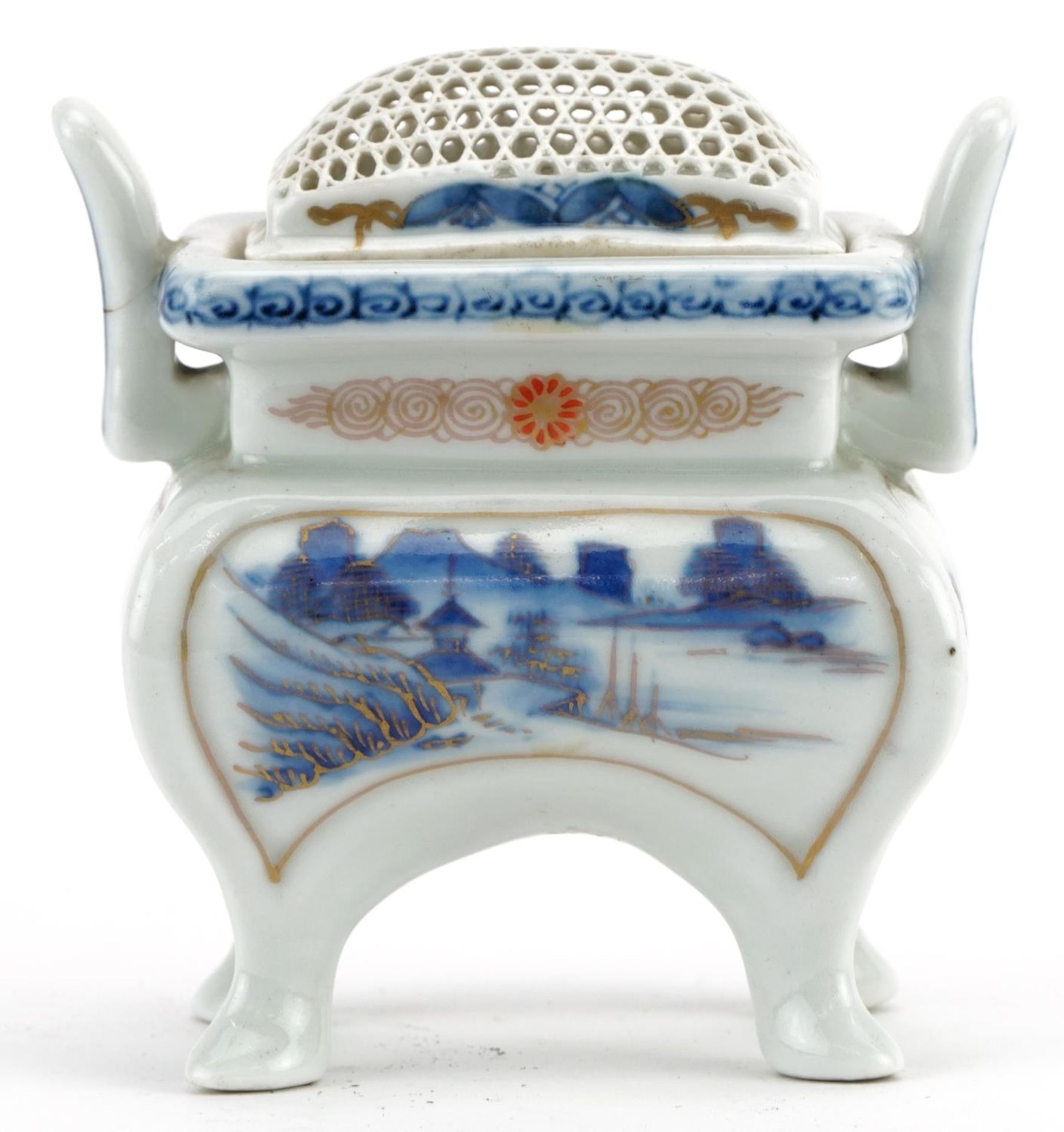 Japanese Hirado porcelain four footed Koro with twin handles and pierced lid, hand painted and - Image 2 of 3