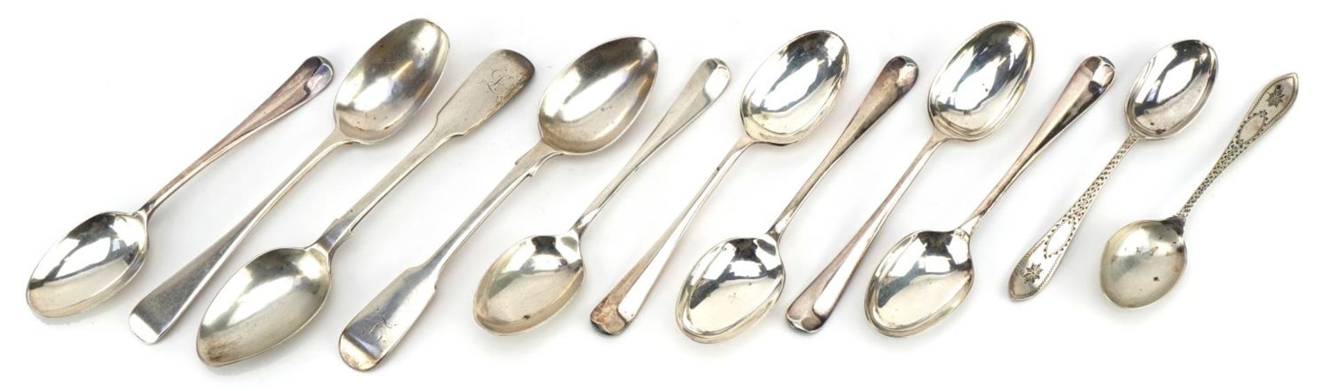 Eleven Victorian and later silver teaspoons including a set of six by Viners, the largest 14.2cm