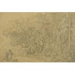 Attributed to Hans Knochl - Wooded landscape with mother and child, Pre Raphaelite school pencil and