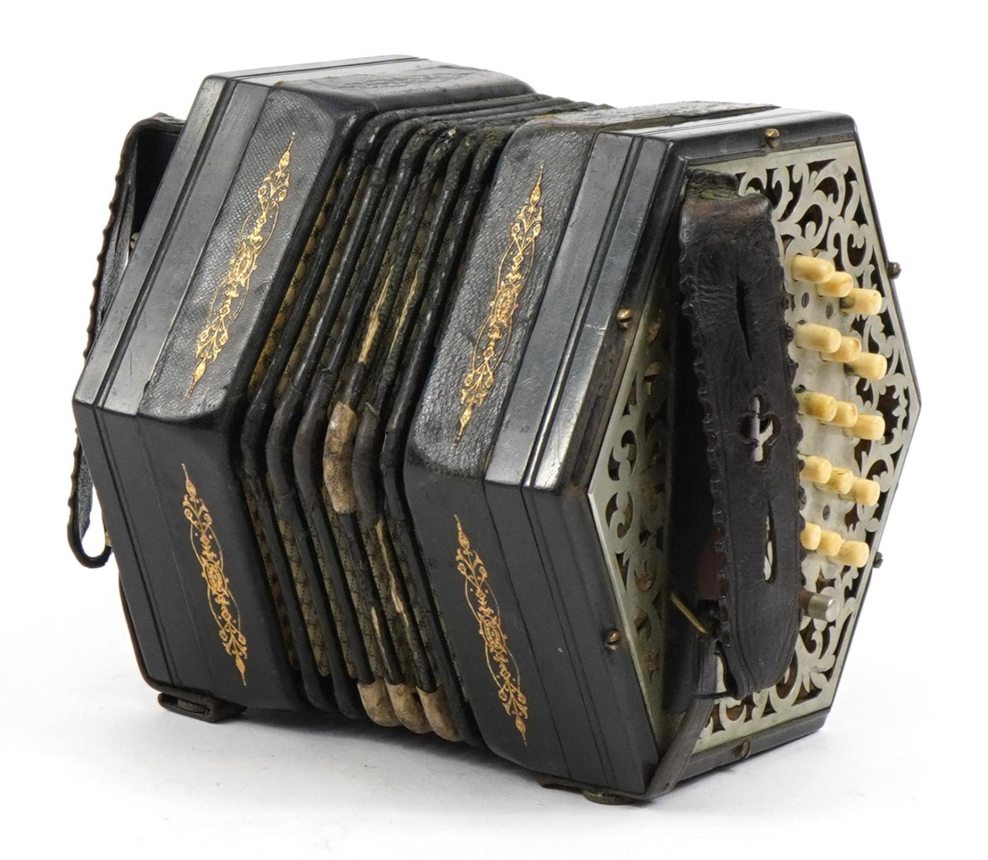 Victorian ebonised thirty two button concertina with pierced metal end plates and velvet lined case, - Bild 3 aus 4