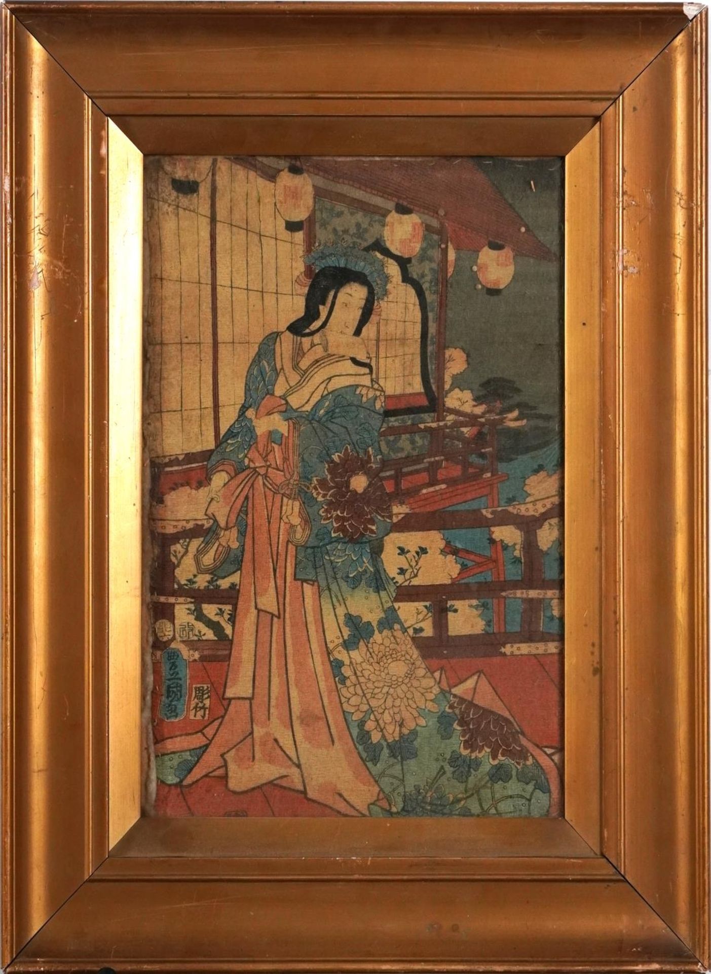 Geishas and children playing, pair of Japanese crepe paper pictures, mounted, framed and glazed, - Image 3 of 9