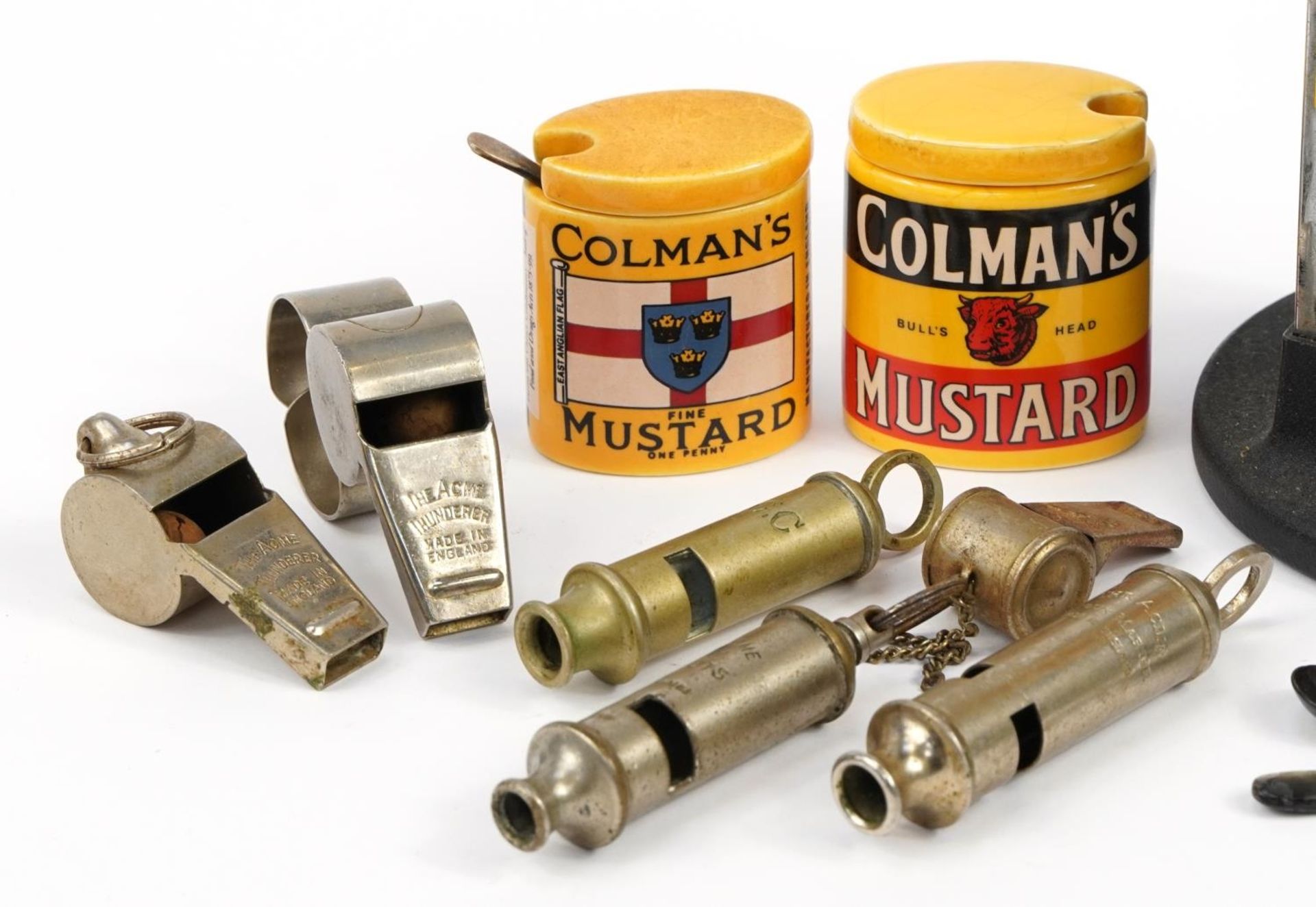 Vintage enamelled Coleman's Mustard pencil sharpener, mustard jars and whistles including The Acme - Image 2 of 4