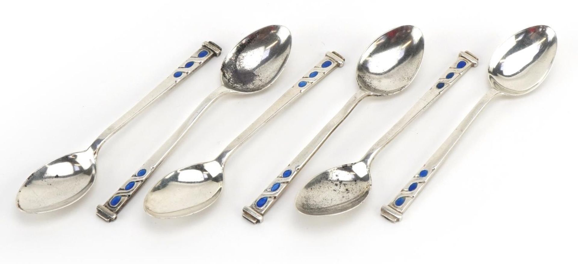 Liberty & Co, set of six Arts & Crafts style silver and enamel teaspoons, Birmingham 1946, 9.5cm