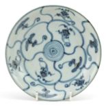 Chinese blue and white porcelain dish from Tek Sing shipwreck with Nagel Auctions label, 15.5cm in