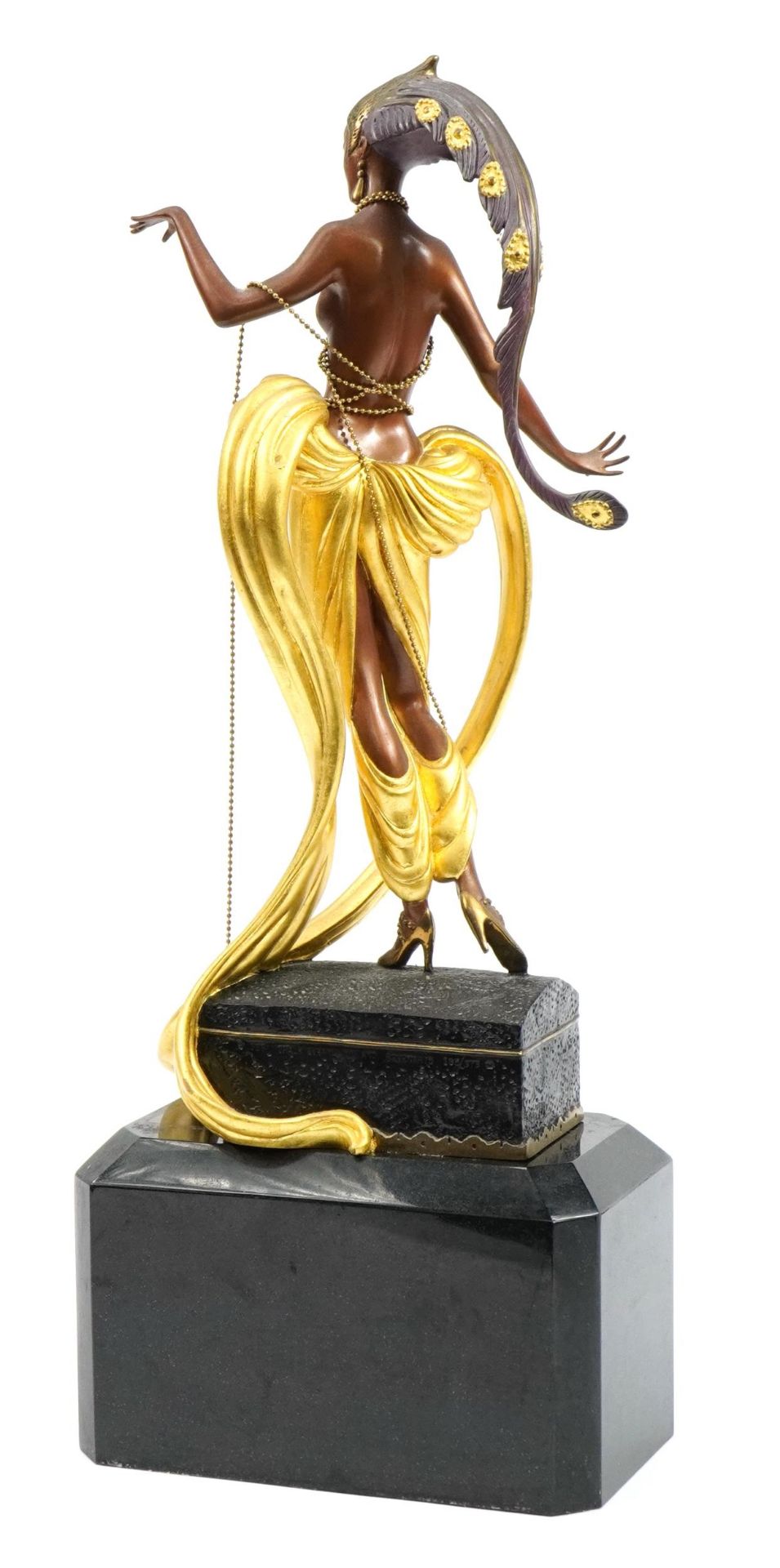 Erte, cold painted bronze study of a semi nude Art Deco female raised on a rectangular black - Image 2 of 4