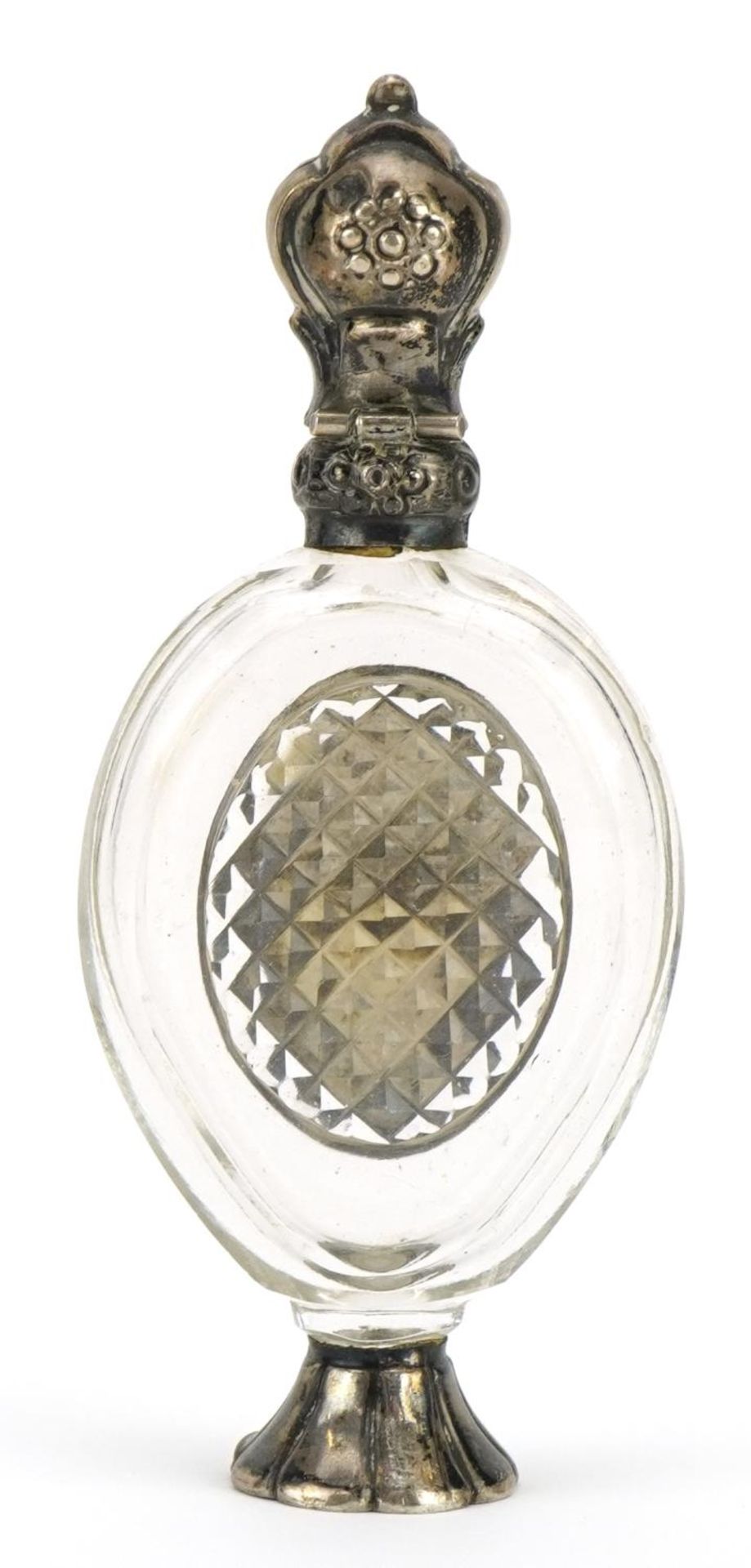 Antique cut glass scent bottle with stopper and unmarked silver mounts, 10.2cm high For further - Image 2 of 3