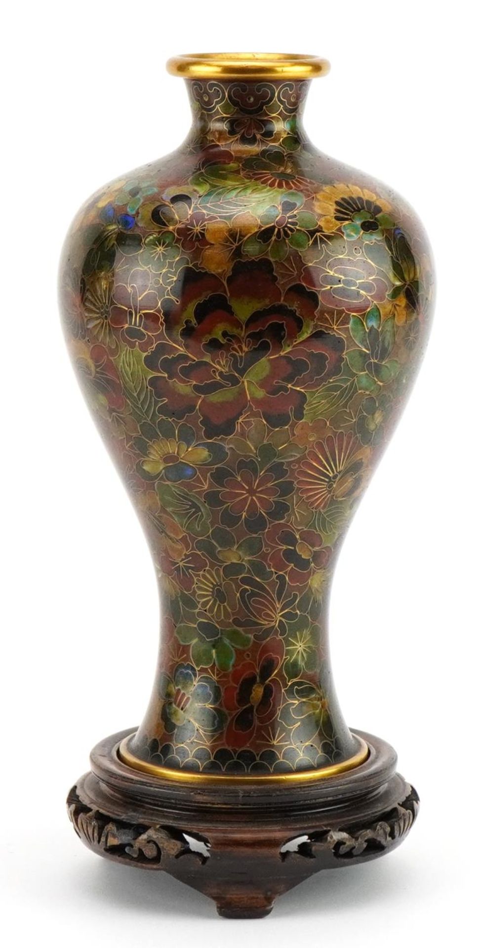 Chinese cloisonne baluster vase on hardwood stand enamelled with flowers, overall 24cm high For - Image 2 of 3