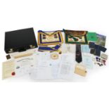 Masonic regalia including sashes, enamelled jewels and coins For further information on this lot