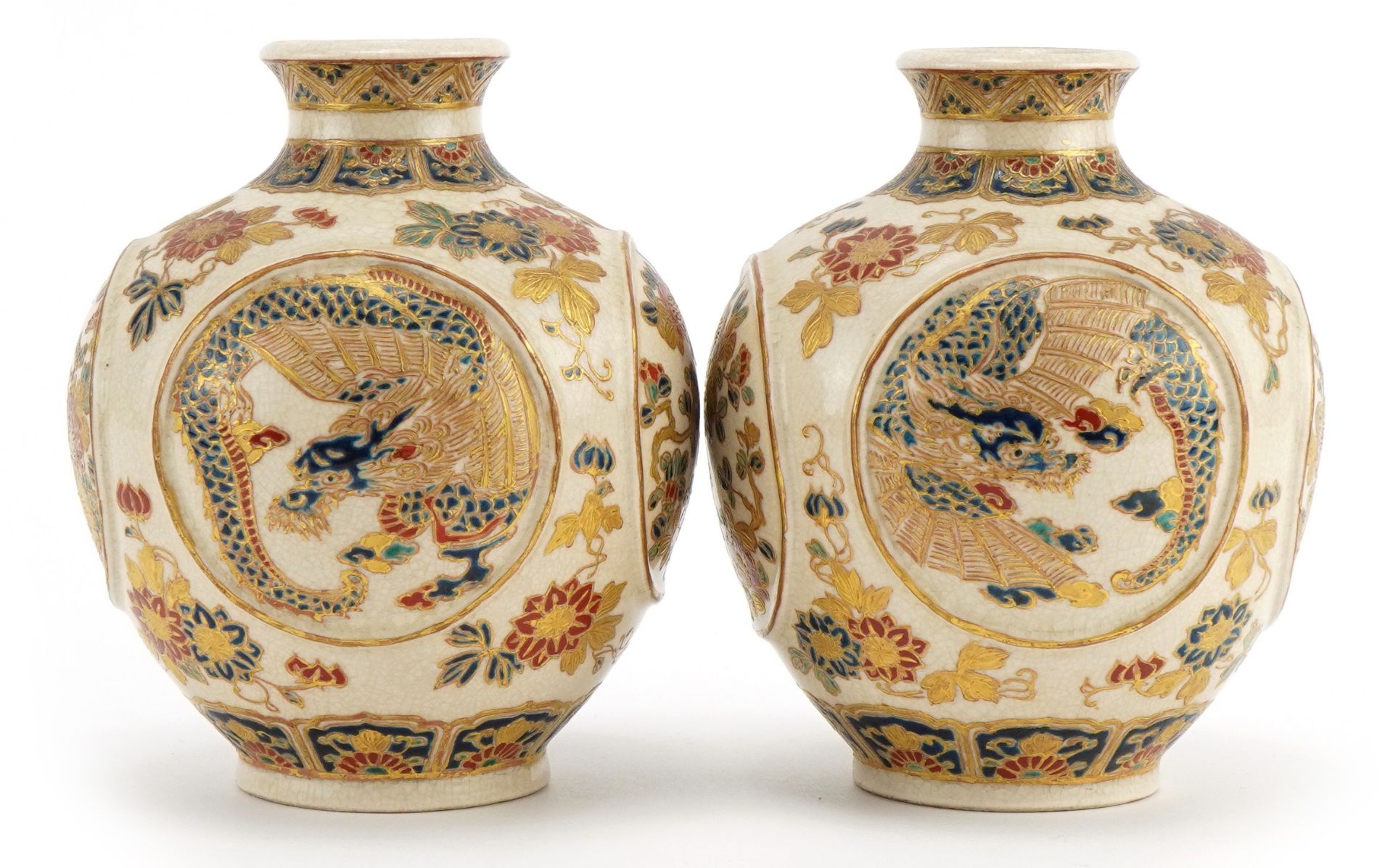 Pair of Japanese Satsuma pottery vases finely gilded with panels of dragons and flowers, character - Image 2 of 6