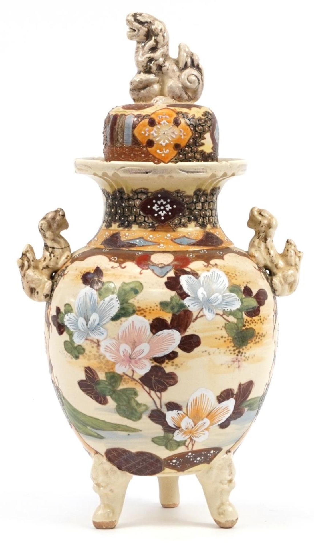 Large Japanese Satsuma pottery Koro and cover with twin handles hand painted with flowers, 49cm high