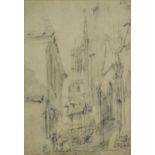 John Burgess - French street scene with cathedral, 19th century preliminary pencil sketch, inscribed