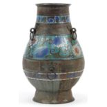 Large Chinese patinated bronze cloisonne vase enamelled with flowers, 39cm high For further