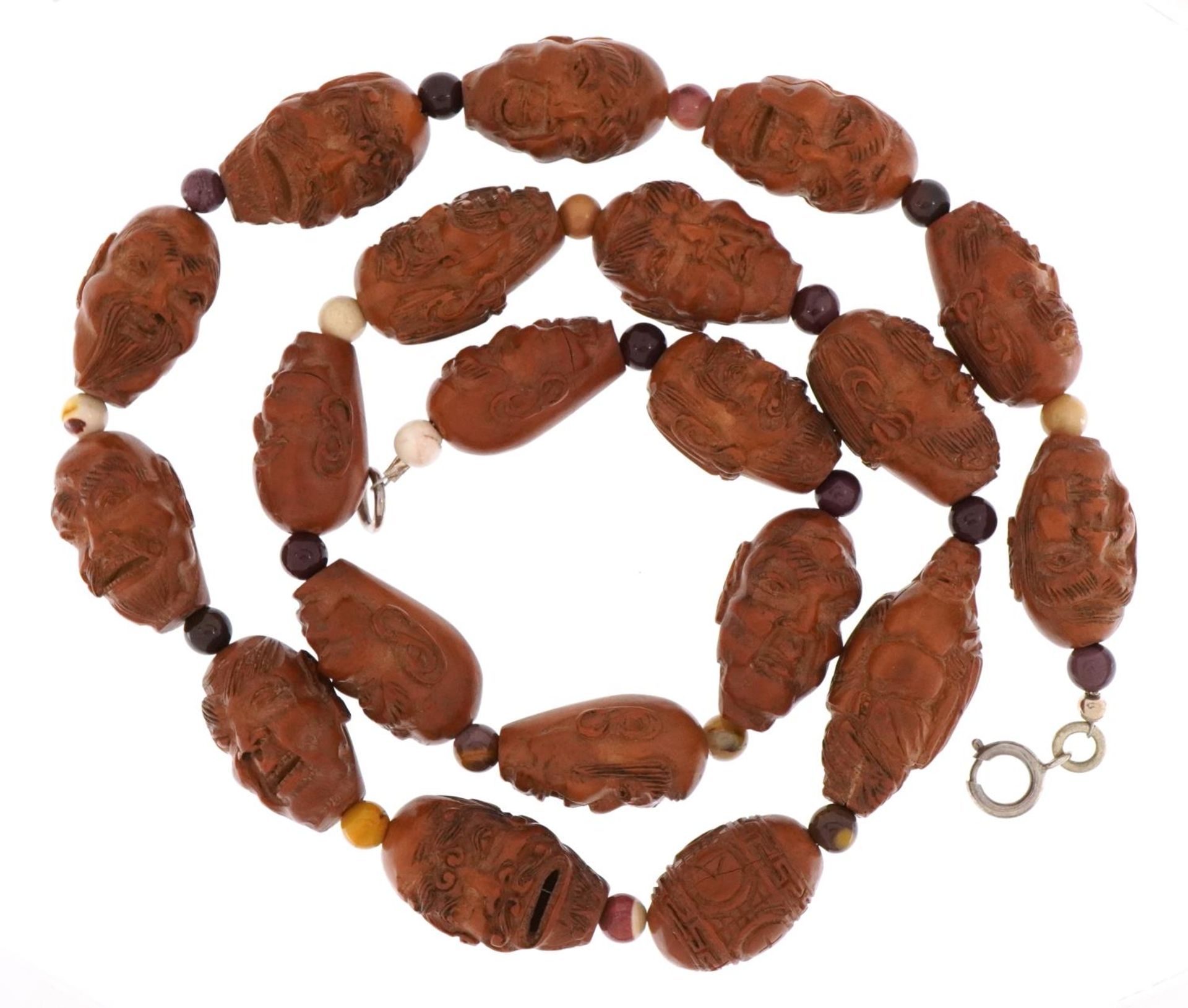 Chinese coquilla nut necklaces carved with faces of elders and Buddhas, 67cm in length For further - Bild 2 aus 3