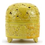 Chinese porcelain yellow glaze tripod incense box and cover pierced and decorated in low relief with